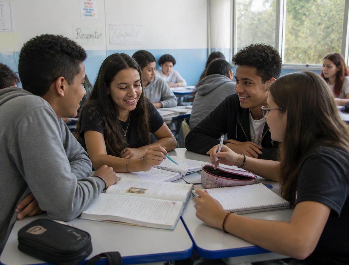 Estudantes trabalhando em grupo em sala de aula iluminada por luz natural